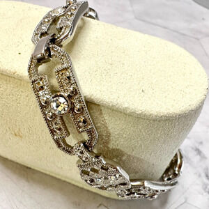 Vintage Silver Tone Crystal Rhinestone Panel Tennis Bracelet Art Deco Edwardian